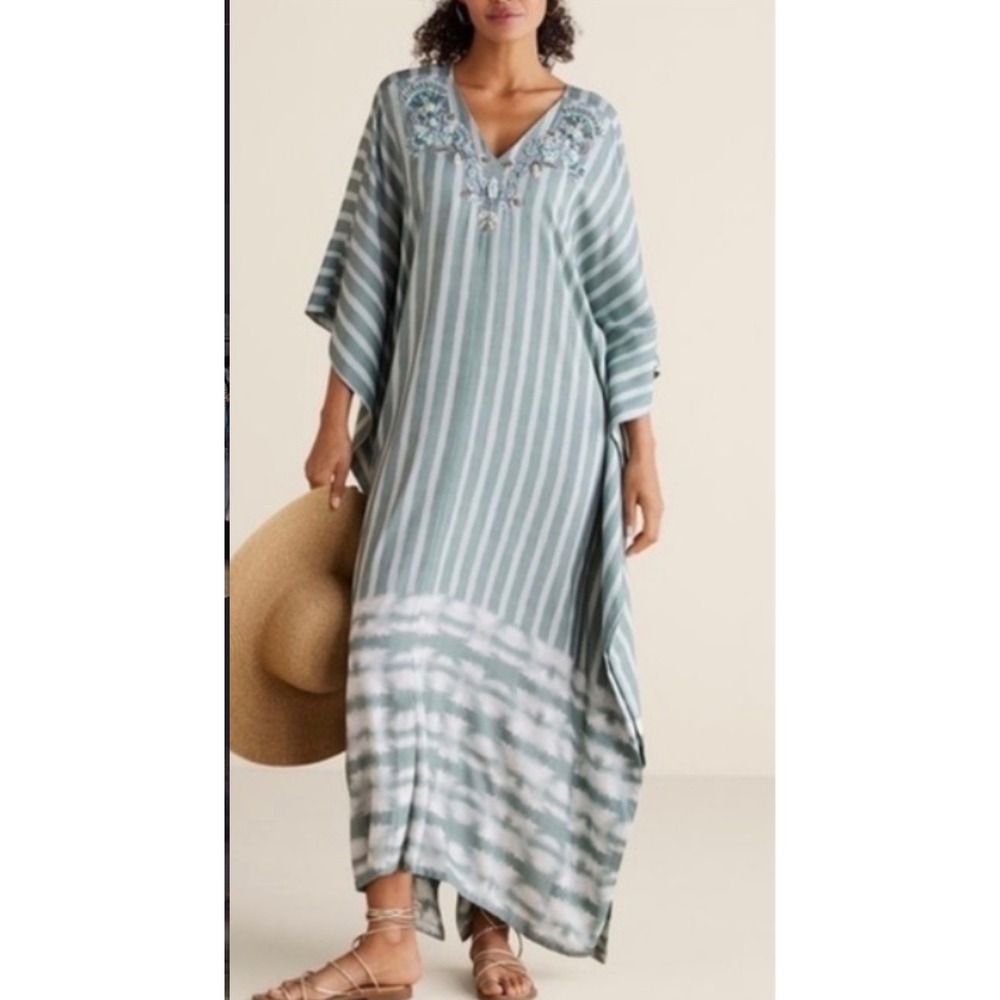 SOFT SURROUNDINGS HARBOR ARUBA STRIPED BEADED CAFTAN size S/M Teal & White